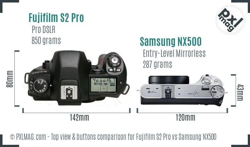 Fujifilm S2 Pro vs Samsung NX500 top view buttons comparison