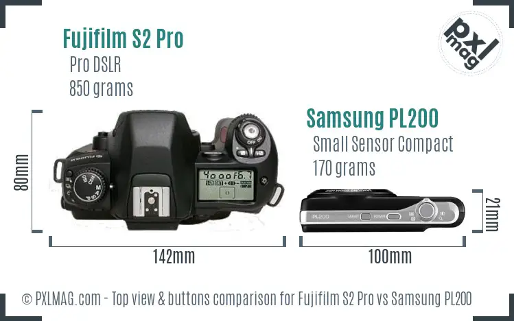 Fujifilm S2 Pro vs Samsung PL200 top view buttons comparison Fujifilm S2 Pro vs Samsung PL200 top view buttons comparison