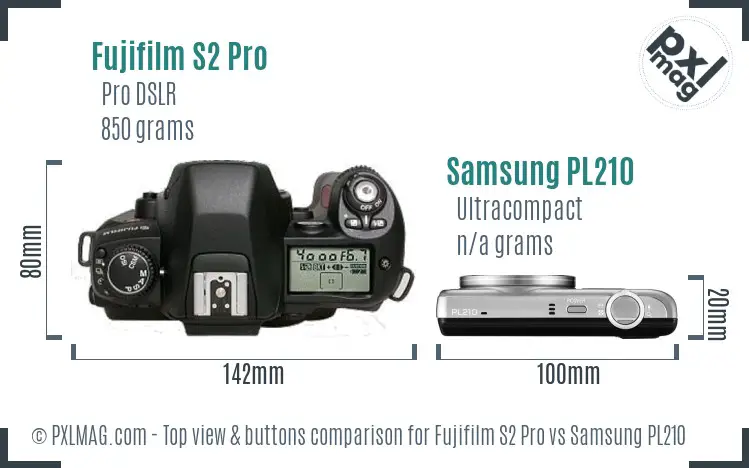 Fujifilm S2 Pro vs Samsung PL210 top view buttons comparison Fujifilm S2 Pro vs Samsung PL210 top view buttons comparison