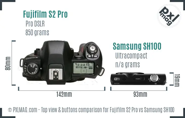 Fujifilm S2 Pro vs Samsung SH100 top view buttons comparison Fujifilm S2 Pro vs Samsung SH100 top view buttons comparison