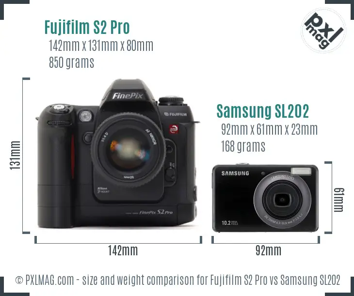 Fujifilm S2 Pro vs Samsung SL202 size comparison