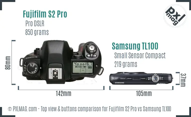 Fujifilm S2 Pro vs Samsung TL100 top view buttons comparison