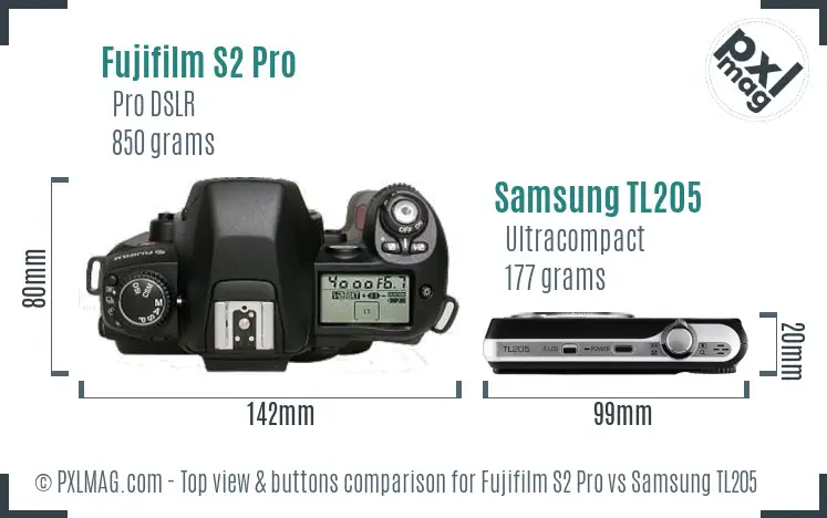 Fujifilm S2 Pro vs Samsung TL205 top view buttons comparison