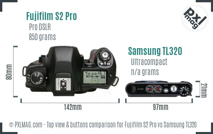 Fujifilm S2 Pro vs Samsung TL320 top view buttons comparison Fujifilm S2 Pro vs Samsung TL320 top view buttons comparison