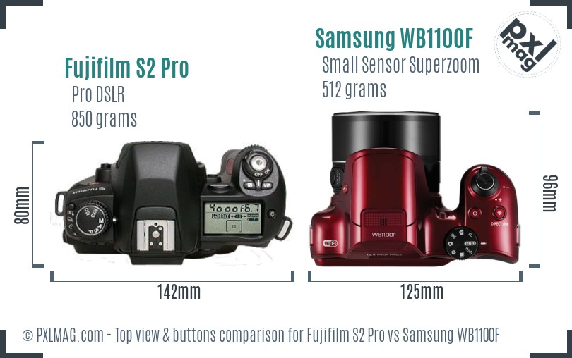 Fujifilm S2 Pro vs Samsung WB1100F top view buttons comparison