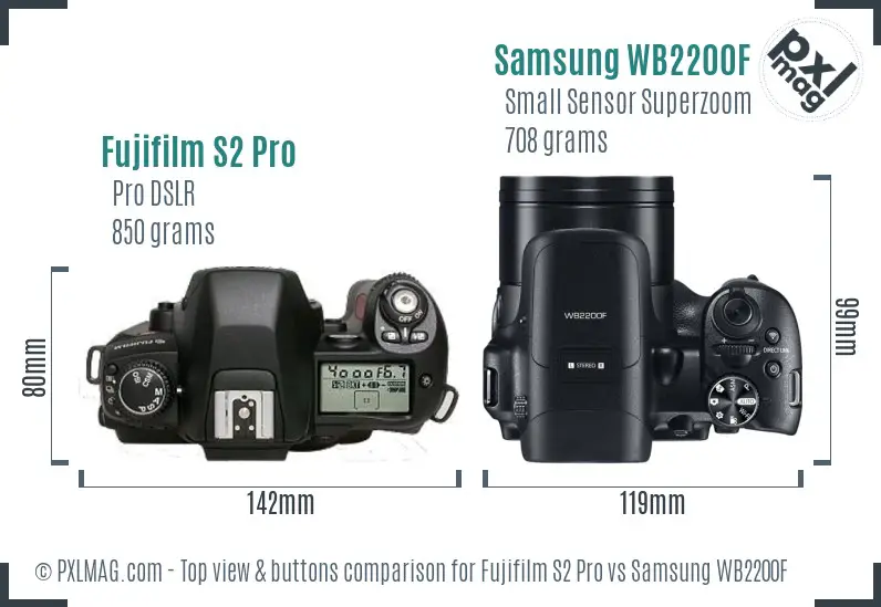 Fujifilm S2 Pro vs Samsung WB2200F top view buttons comparison Fujifilm S2 Pro vs Samsung WB2200F top view buttons comparison