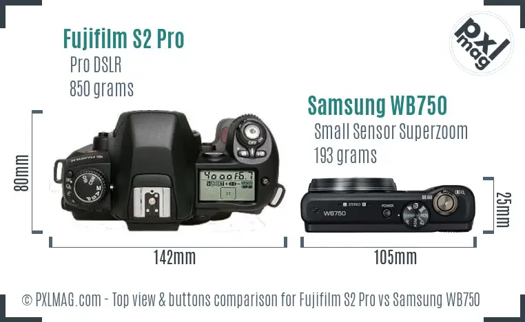 Fujifilm S2 Pro vs Samsung WB750 top view buttons comparison Fujifilm S2 Pro vs Samsung WB750 top view buttons comparison