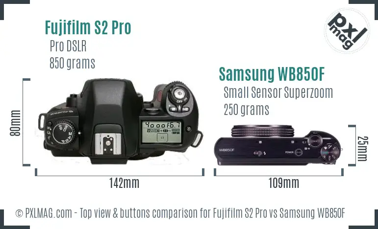Fujifilm S2 Pro vs Samsung WB850F top view buttons comparison Fujifilm S2 Pro vs Samsung WB850F top view buttons comparison