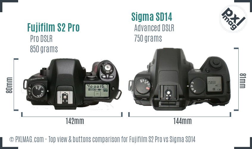 Fujifilm S2 Pro vs Sigma SD14 top view buttons comparison