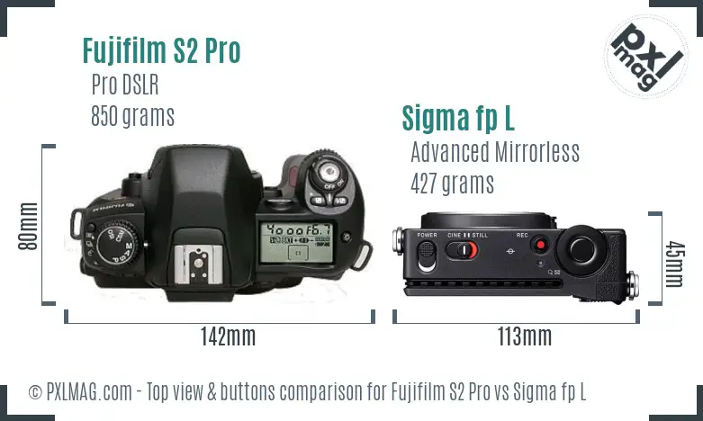Fujifilm S2 Pro vs Sigma fp L top view buttons comparison Fujifilm S2 Pro vs Sigma fp L top view buttons comparison