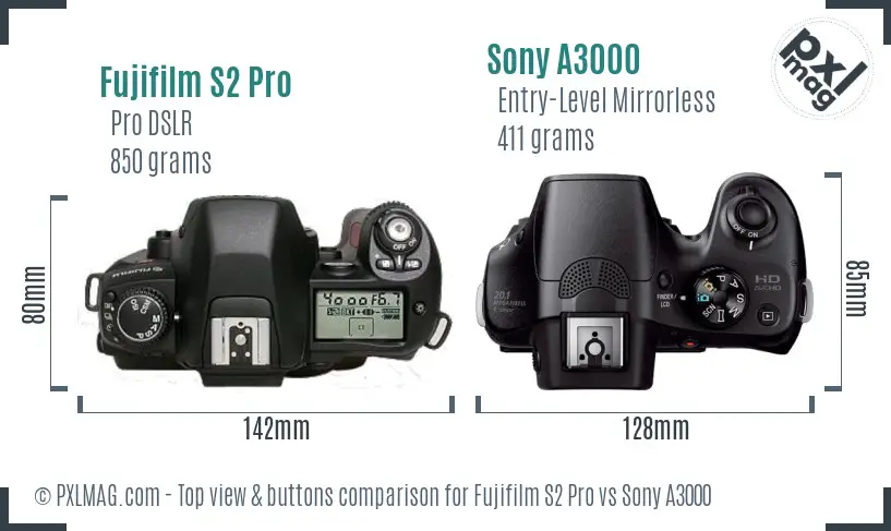 Fujifilm S2 Pro vs Sony A3000 top view buttons comparison Fujifilm S2 Pro vs Sony A3000 top view buttons comparison