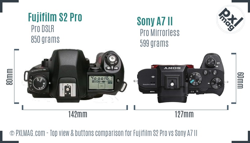 Fujifilm S2 Pro vs Sony A7 II top view buttons comparison