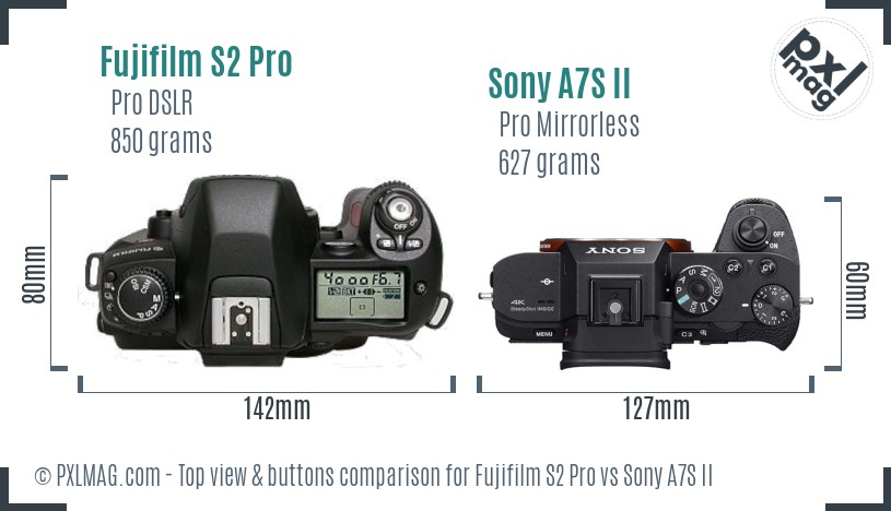 Fujifilm S2 Pro vs Sony A7S II top view buttons comparison