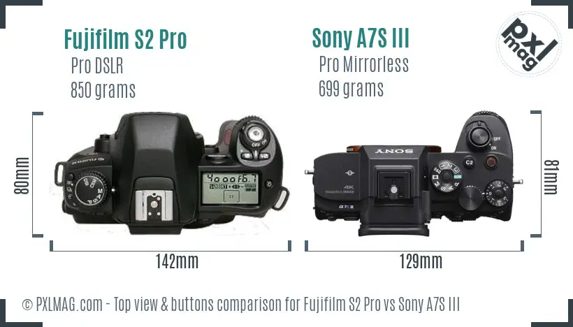 Fujifilm S2 Pro vs Sony A7S III top view buttons comparison Fujifilm S2 Pro vs Sony A7S III top view buttons comparison