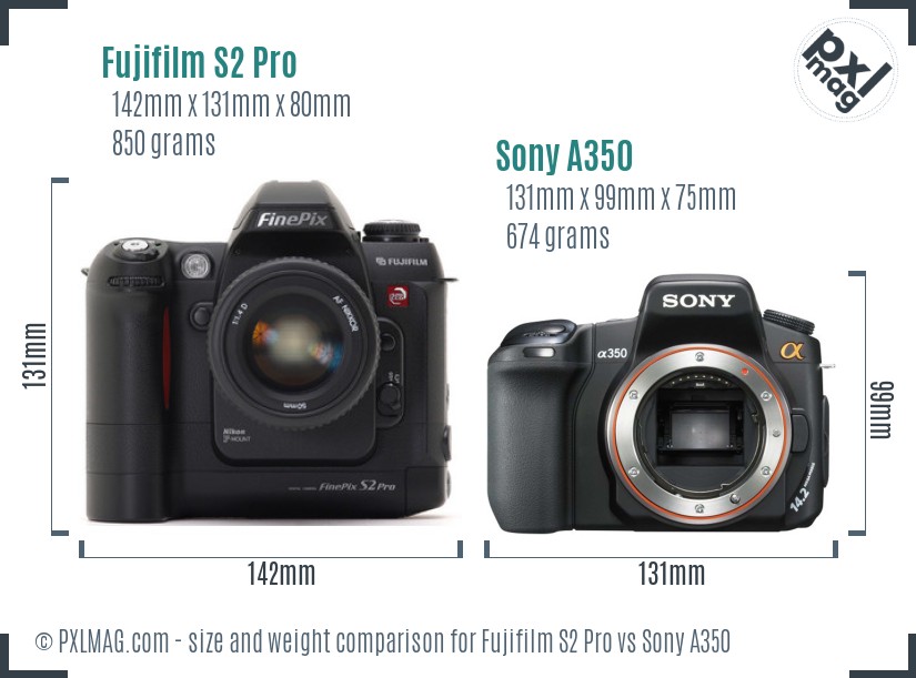 Fujifilm S2 Pro vs Sony A350 size comparison Fujifilm S2 Pro vs Sony A350 size comparison