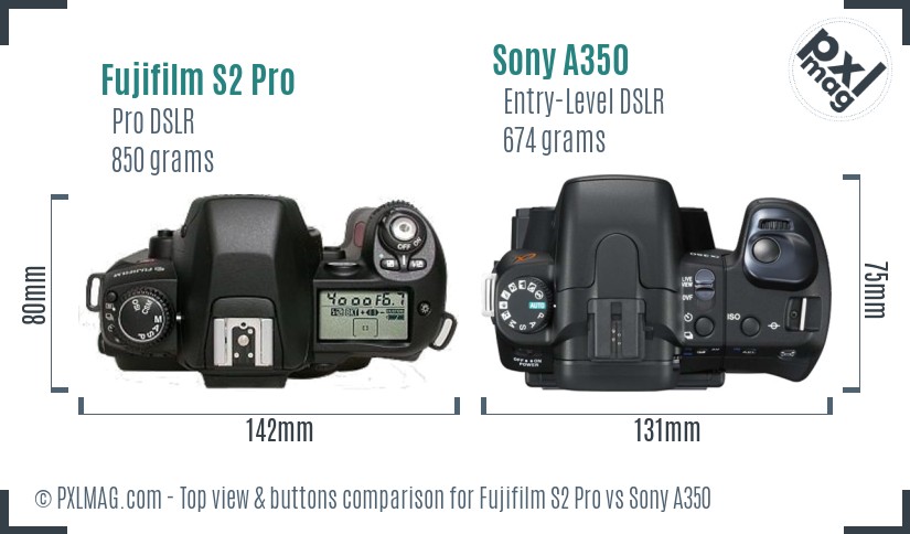 Fujifilm S2 Pro vs Sony A350 top view buttons comparison