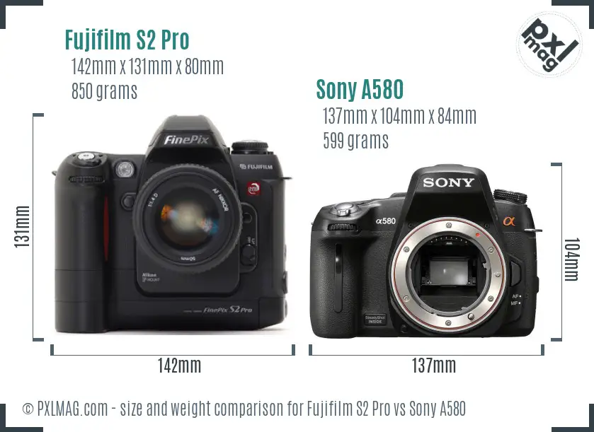 Fujifilm S2 Pro vs Sony A580 size comparison