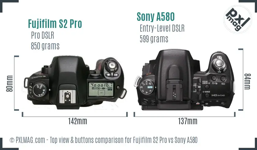 Fujifilm S2 Pro vs Sony A580 top view buttons comparison