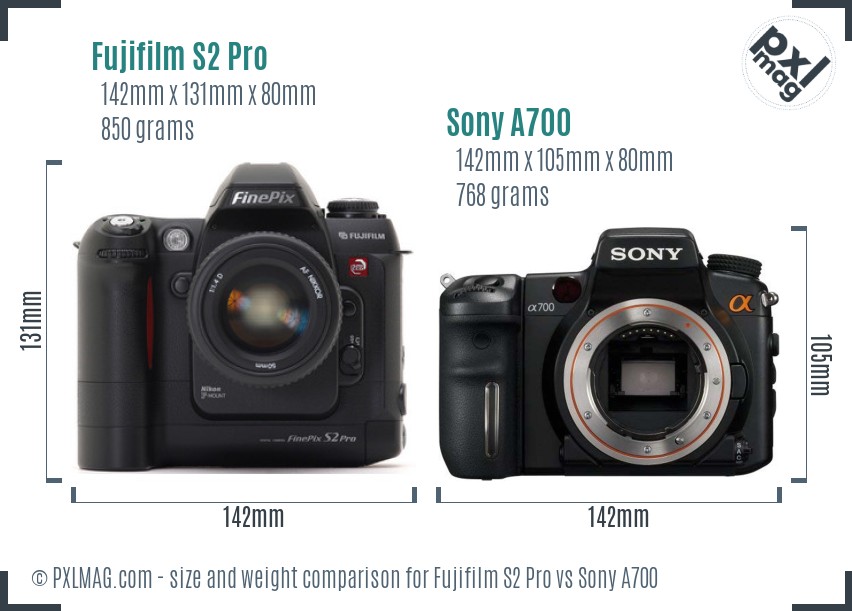 Fujifilm S2 Pro vs Sony A700 size comparison