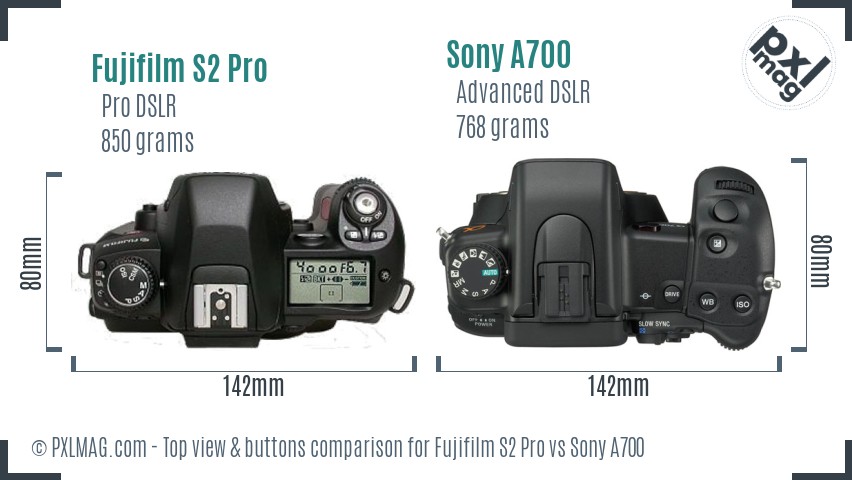 Fujifilm S2 Pro vs Sony A700 top view buttons comparison