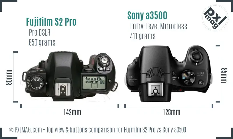 Fujifilm S2 Pro vs Sony a3500 top view buttons comparison