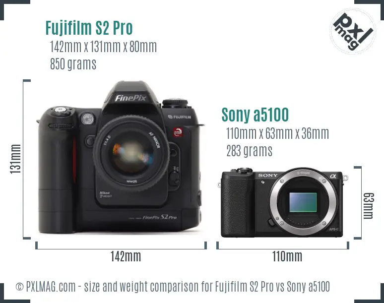 Size and ergonomics comparison between Fujifilm S2 Pro and Sony a5100