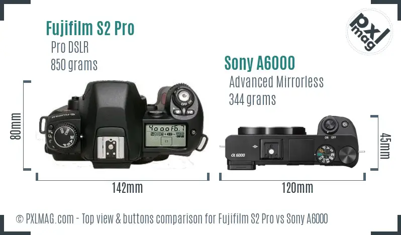 Fujifilm S2 Pro vs Sony A6000 top view buttons comparison Fujifilm S2 Pro vs Sony A6000 top view buttons comparison