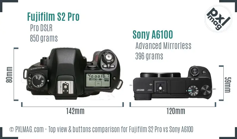 Fujifilm S2 Pro vs Sony A6100 top view buttons comparison Fujifilm S2 Pro vs Sony A6100 top view buttons comparison