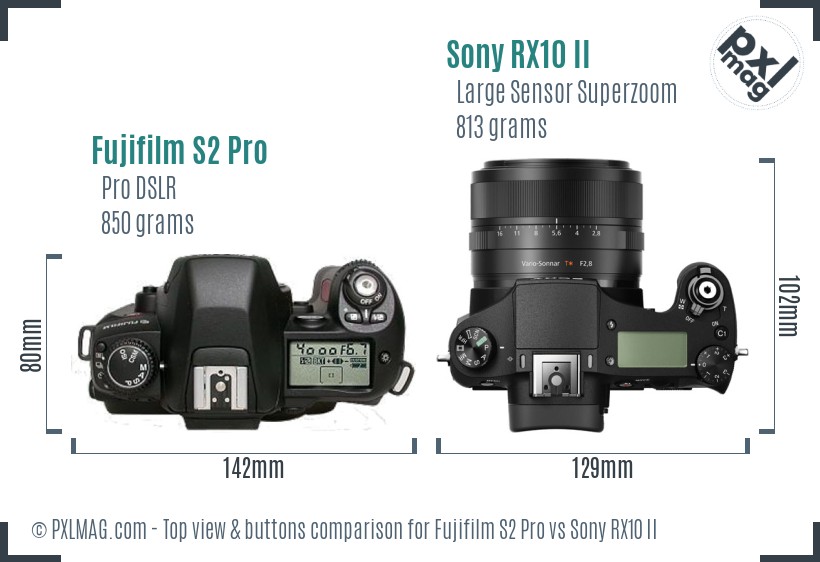 Fujifilm S2 Pro vs Sony RX10 II top view buttons comparison