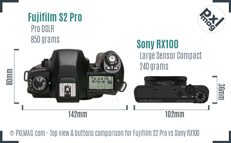 Fujifilm S2 Pro vs Sony RX100 top view buttons comparison