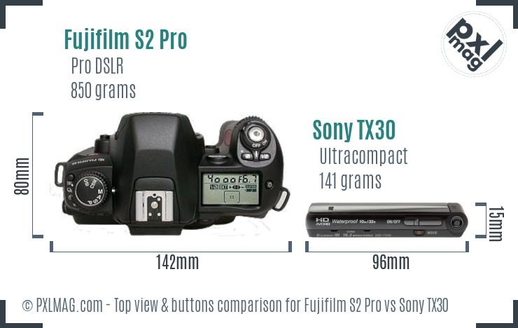 Fujifilm S2 Pro vs Sony TX30 top view buttons comparison