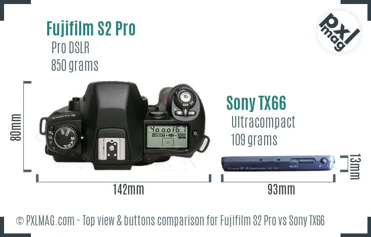 Fujifilm S2 Pro vs Sony TX66 top view buttons comparison Fujifilm S2 Pro vs Sony TX66 top view buttons comparison