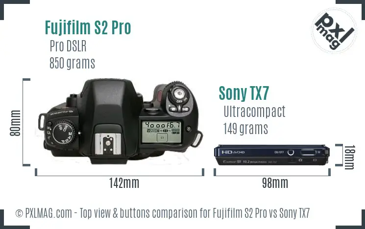 Fujifilm S2 Pro vs Sony TX7 top view buttons comparison