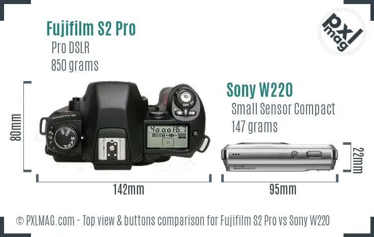 Fujifilm S2 Pro vs Sony W220 top view buttons comparison