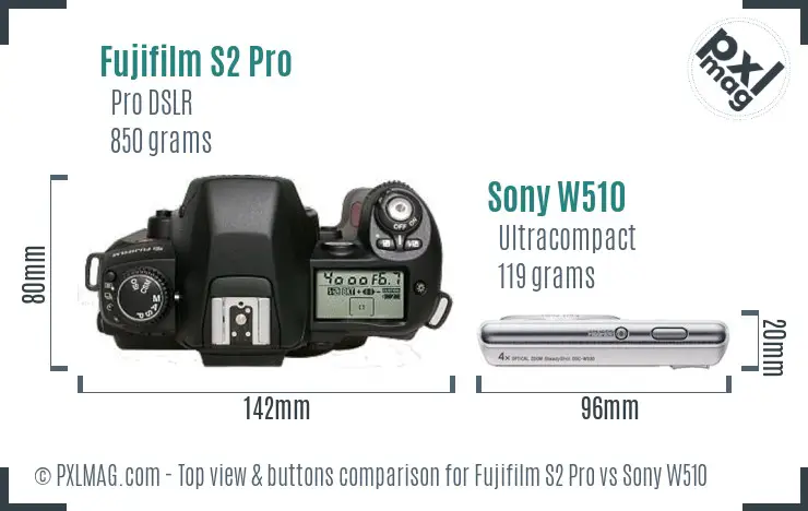 Fujifilm S2 Pro vs Sony W510 top view buttons comparison