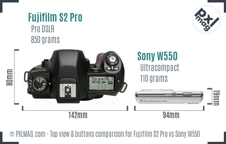 Fujifilm S2 Pro vs Sony W550 top view buttons comparison