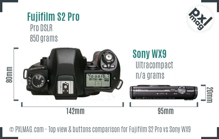 Fujifilm S2 Pro vs Sony WX9 top view buttons comparison Fujifilm S2 Pro vs Sony WX9 top view buttons comparison