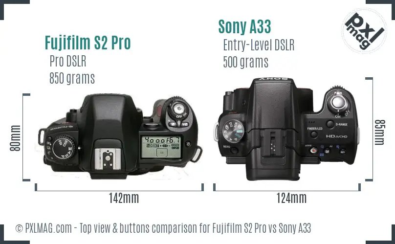 Fujifilm S2 Pro vs Sony A33 top view buttons comparison