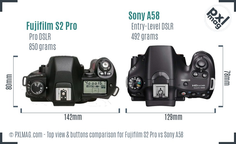 Fujifilm S2 Pro vs Sony A58 top view buttons comparison