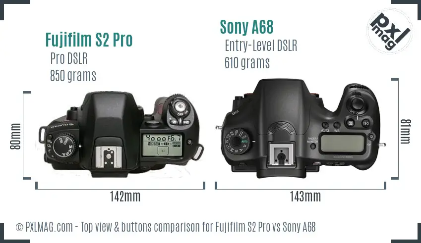 Fujifilm S2 Pro vs Sony A68 top view buttons comparison