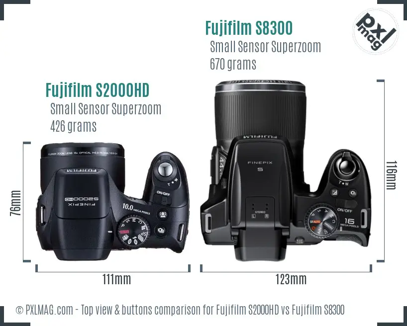 Fujifilm S2000HD vs Fujifilm S8300 top view buttons comparison