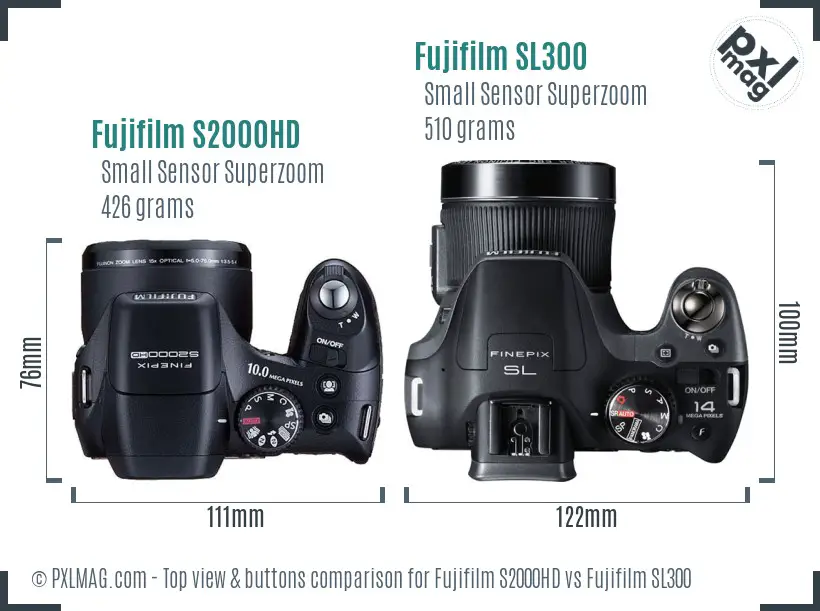 Fujifilm S2000HD vs Fujifilm SL300 top view buttons comparison