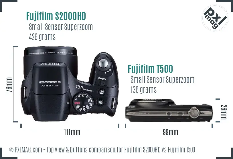 Fujifilm S2000HD vs Fujifilm T500 top view buttons comparison