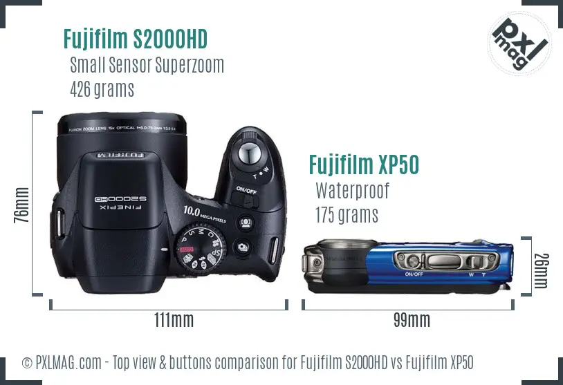 Fujifilm S2000HD vs Fujifilm XP50 top view buttons comparison