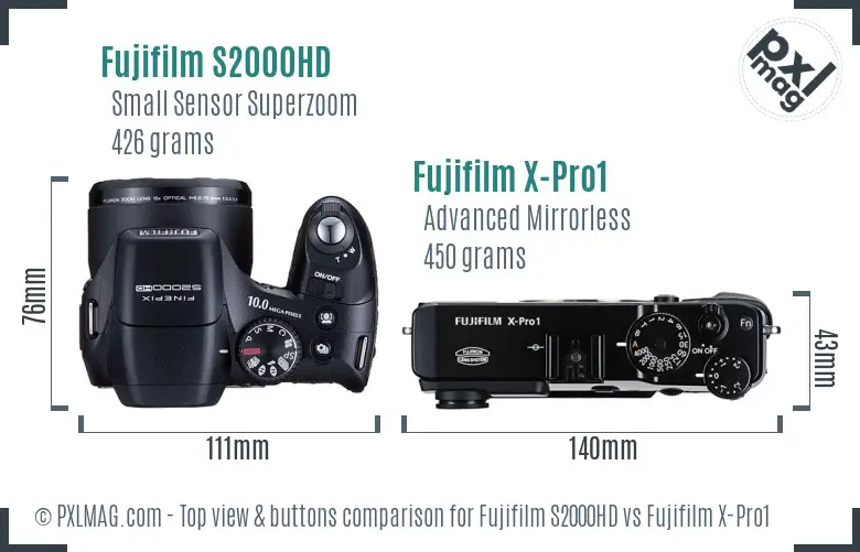 Fujifilm S2000HD vs Fujifilm X-Pro1 top view buttons comparison