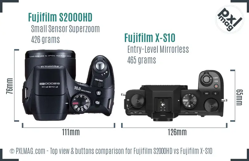 Fujifilm S2000HD vs Fujifilm X-S10 top view buttons comparison