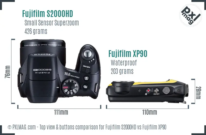 Fujifilm S2000HD vs Fujifilm XP90 top view buttons comparison