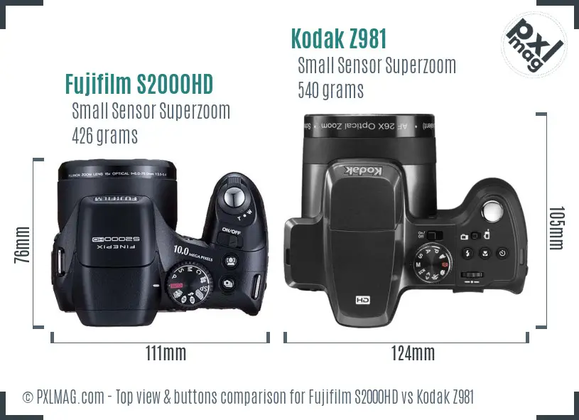 Fujifilm S2000HD vs Kodak Z981 top view buttons comparison