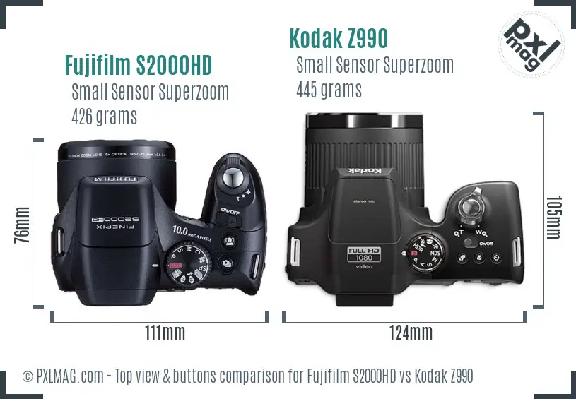 Fujifilm S2000HD vs Kodak Z990 top view buttons comparison