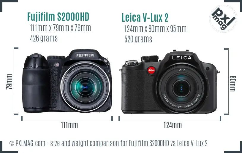 Fujifilm S2000HD vs Leica V-Lux 2 size comparison